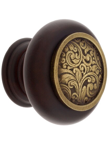 1 1/2 inch Diameter Saddleworth Knob in Dark Walnut/Antique Brass.